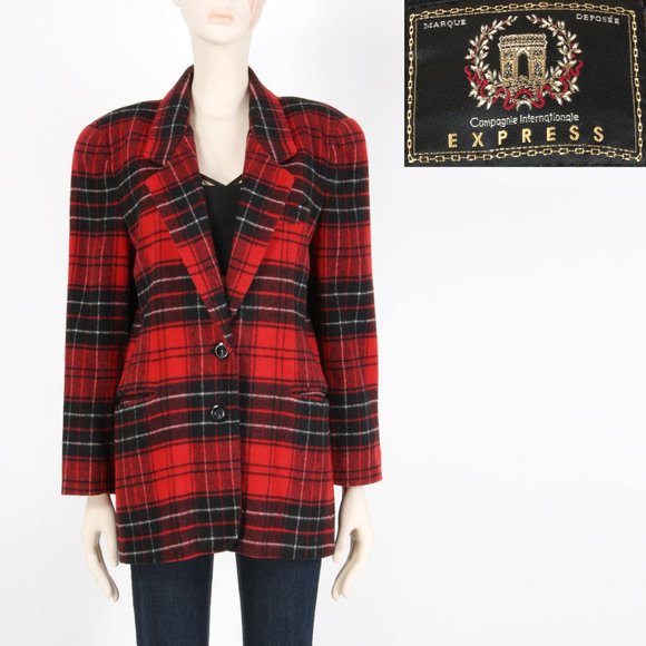 M Vintage 90s Compagnie Internationale Express Red Plaid Boxy Blazer Italy Y2k - Picture 1 of 8